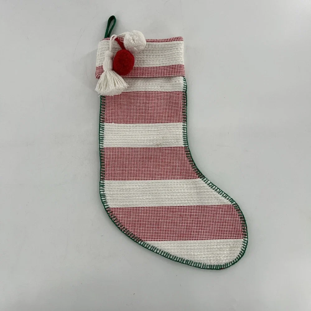 Rare Target Wondershop Christmas Stocking Woven Stitched Striped Poms Tassel 21